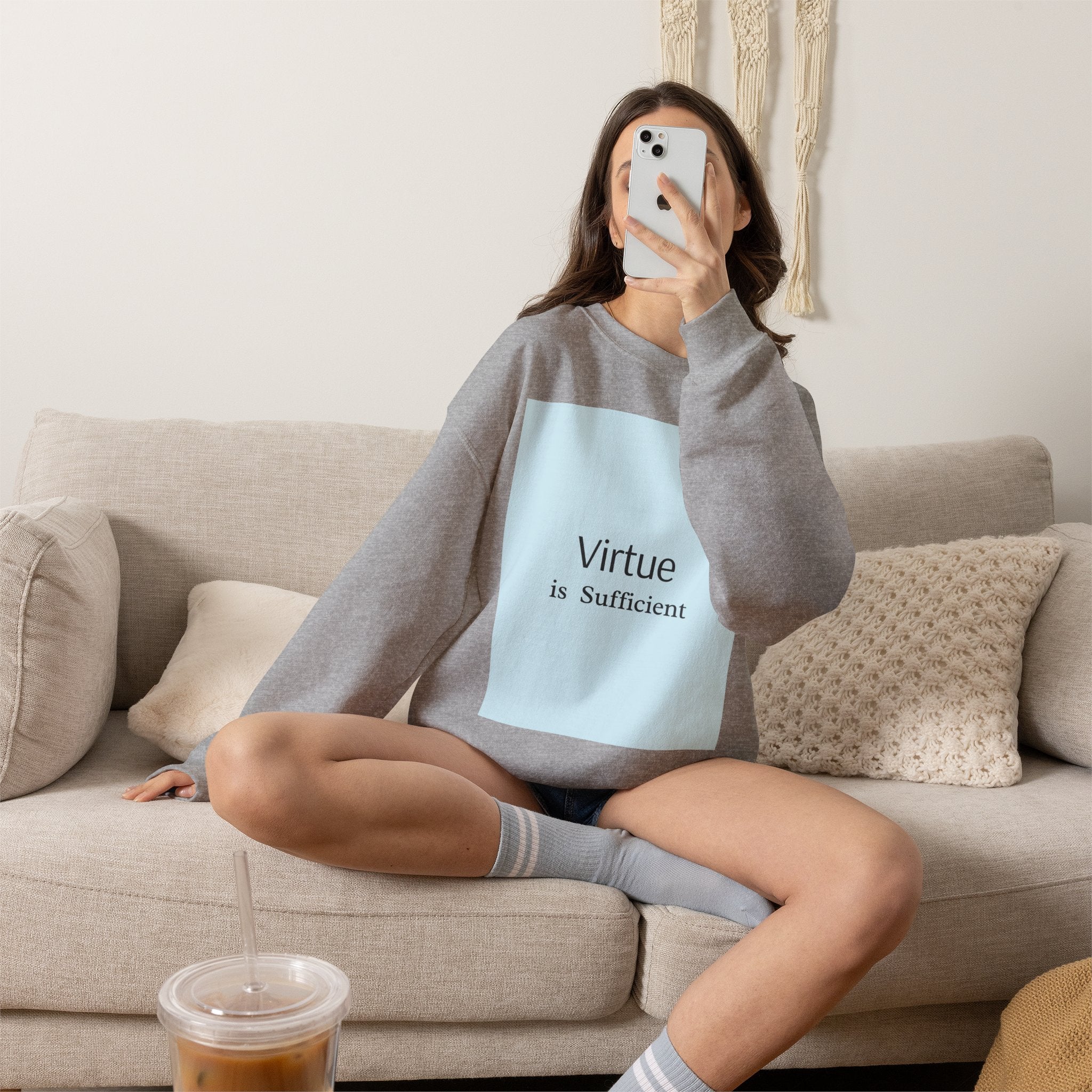 Crewneck Sweatshirt — "Virtue is Sufficient" Minimalist Inspirational Design