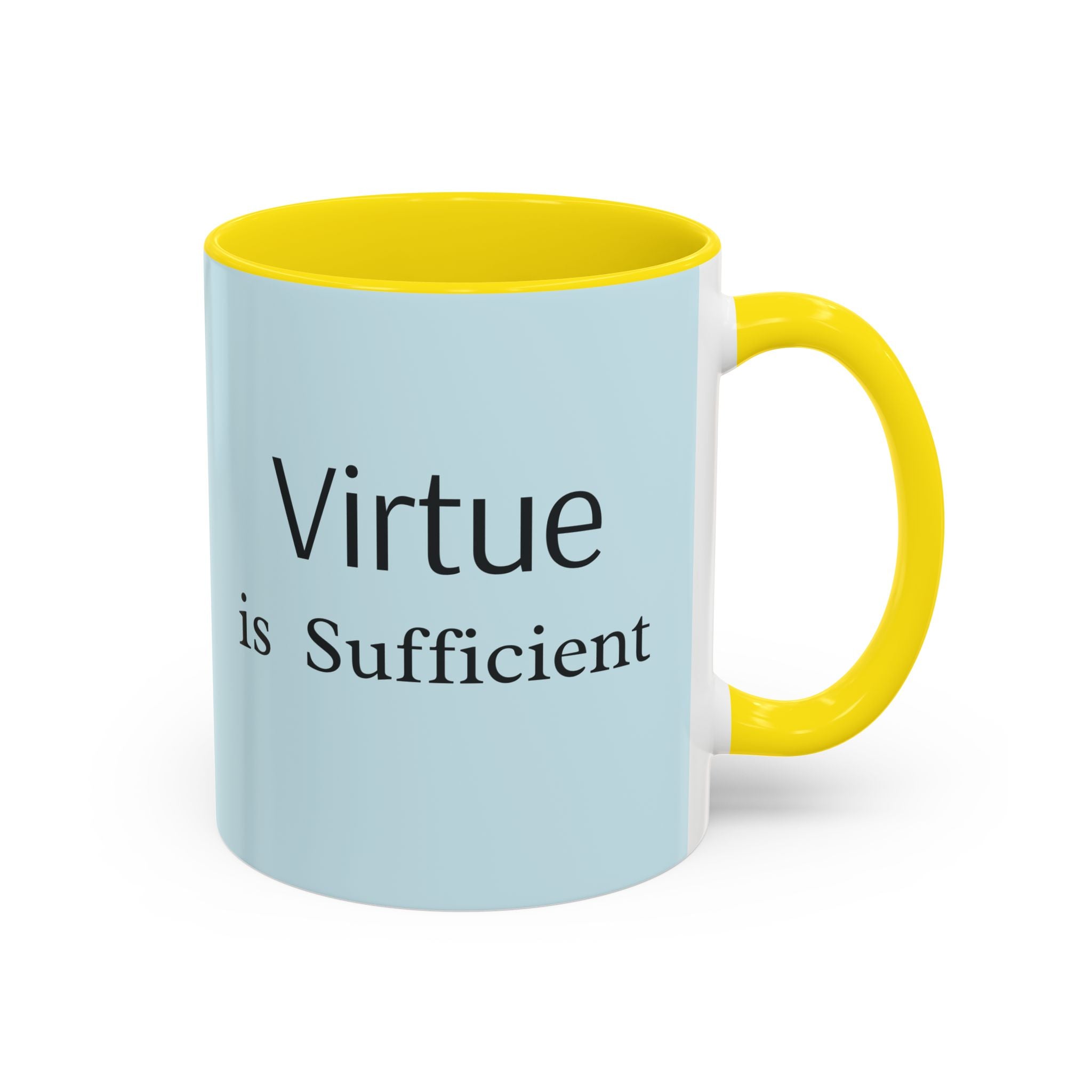 Virtue Is Sufficient Accent Coffee Mug — Inspirational Light Blue Ceramic