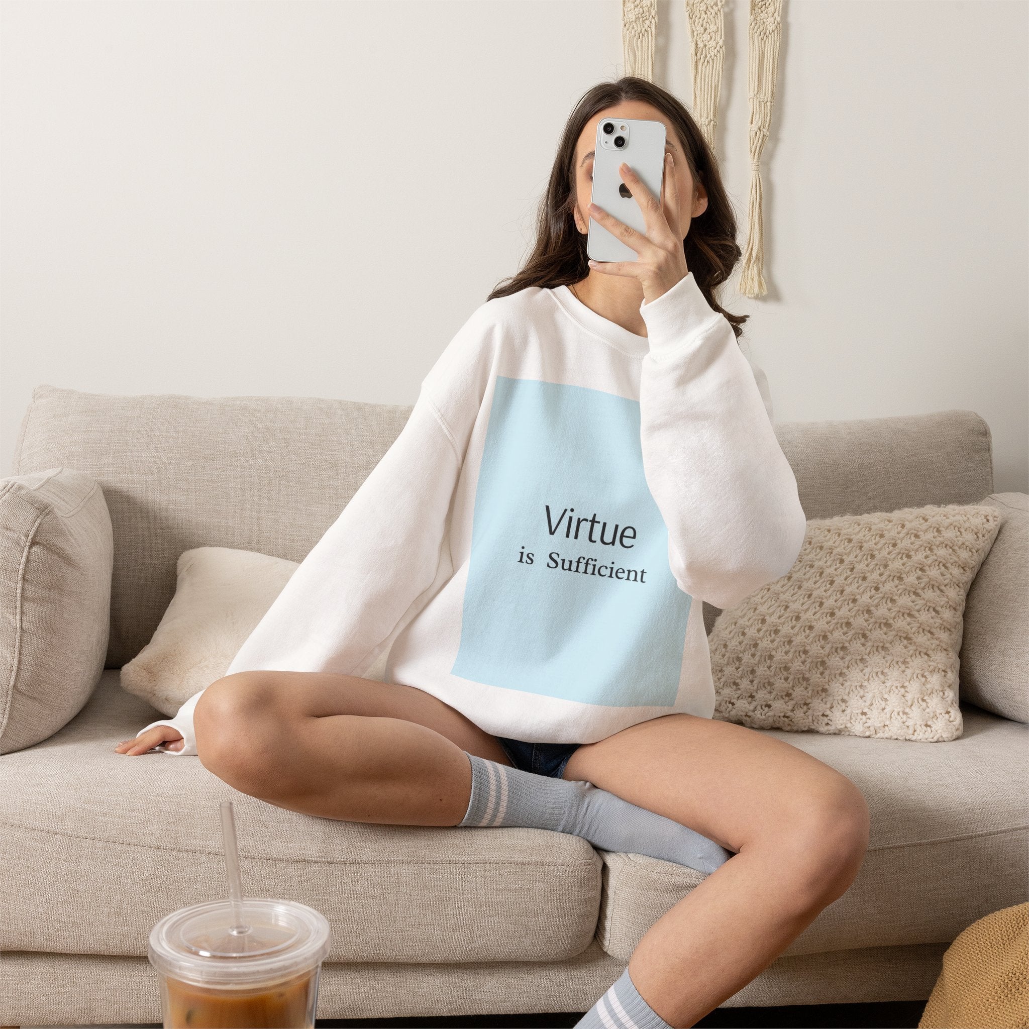 Crewneck Sweatshirt — "Virtue is Sufficient" Minimalist Inspirational Design