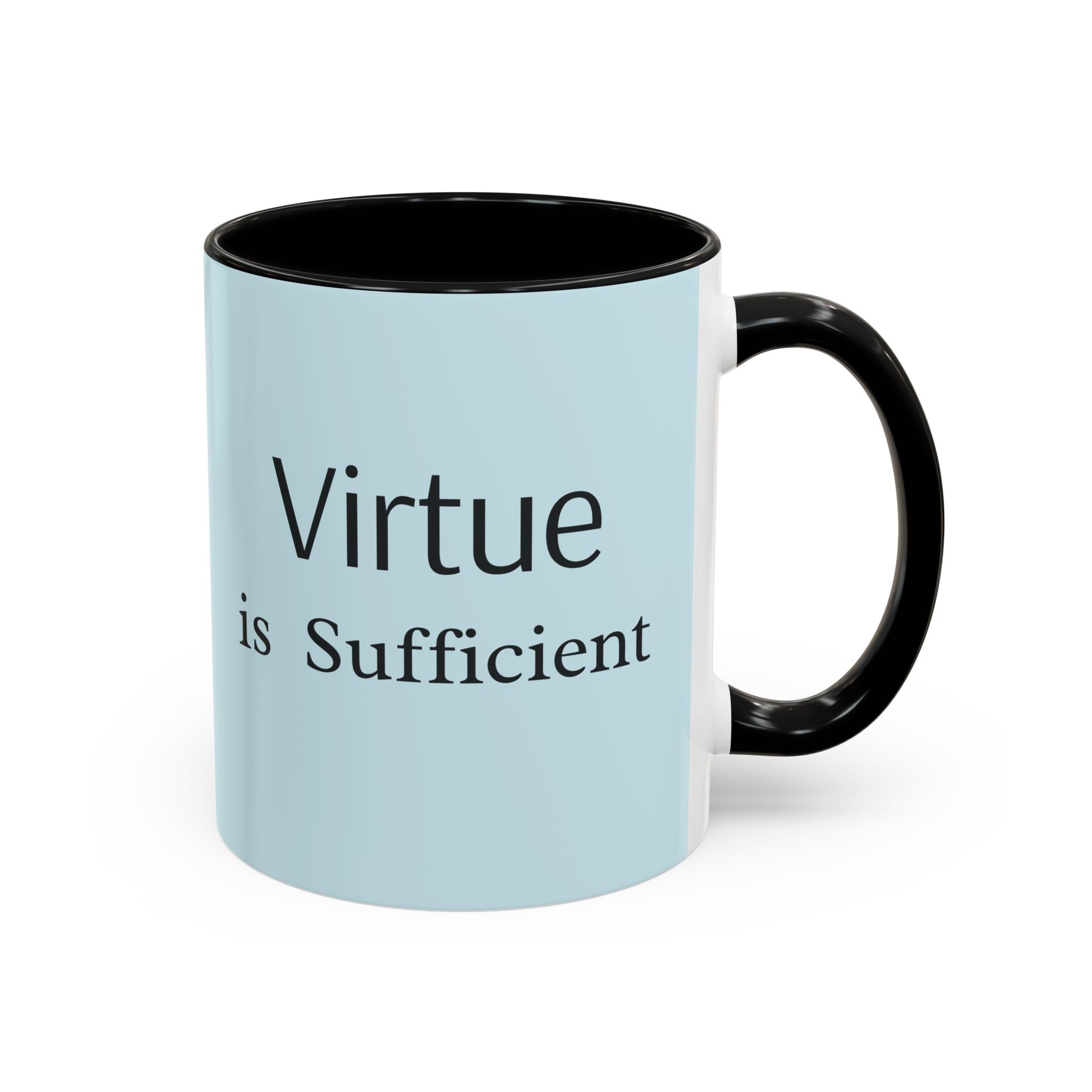 Virtue Is Sufficient Accent Coffee Mug — Inspirational Light Blue Ceramic