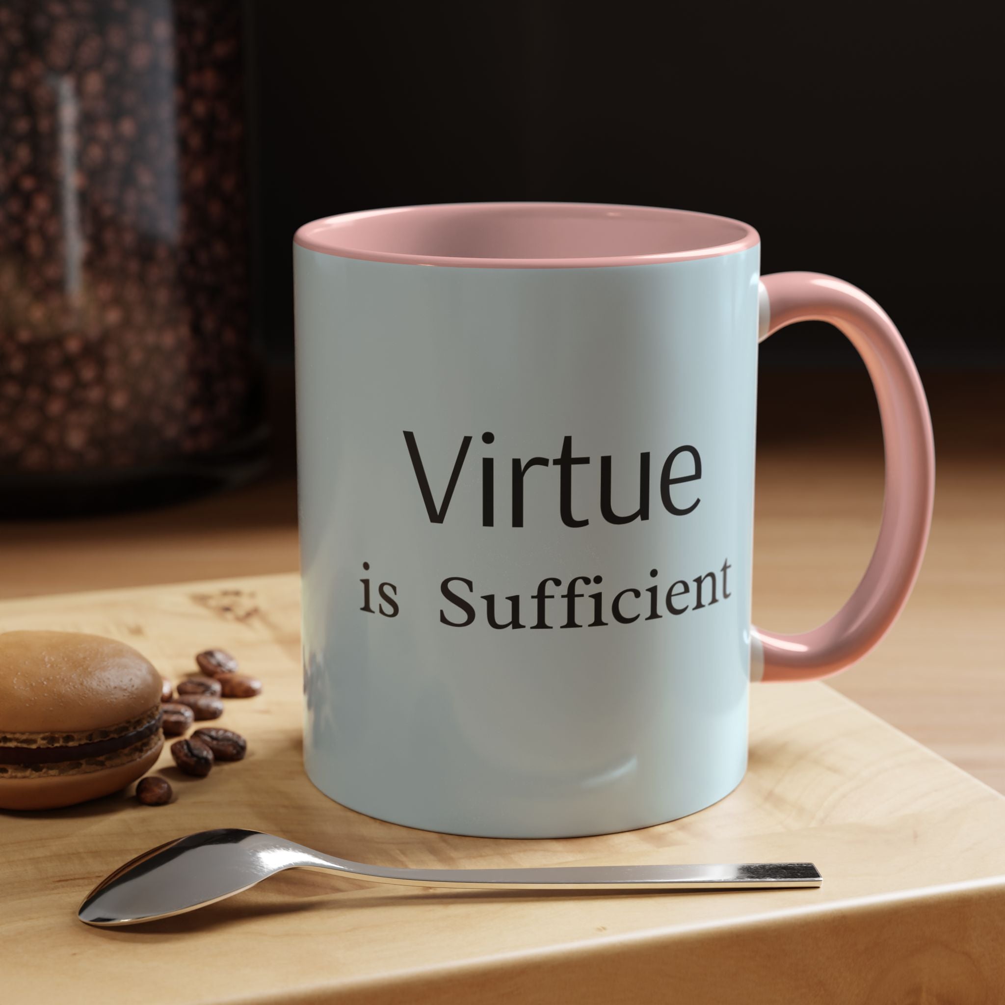 Virtue Is Sufficient Accent Coffee Mug — Inspirational Light Blue Ceramic