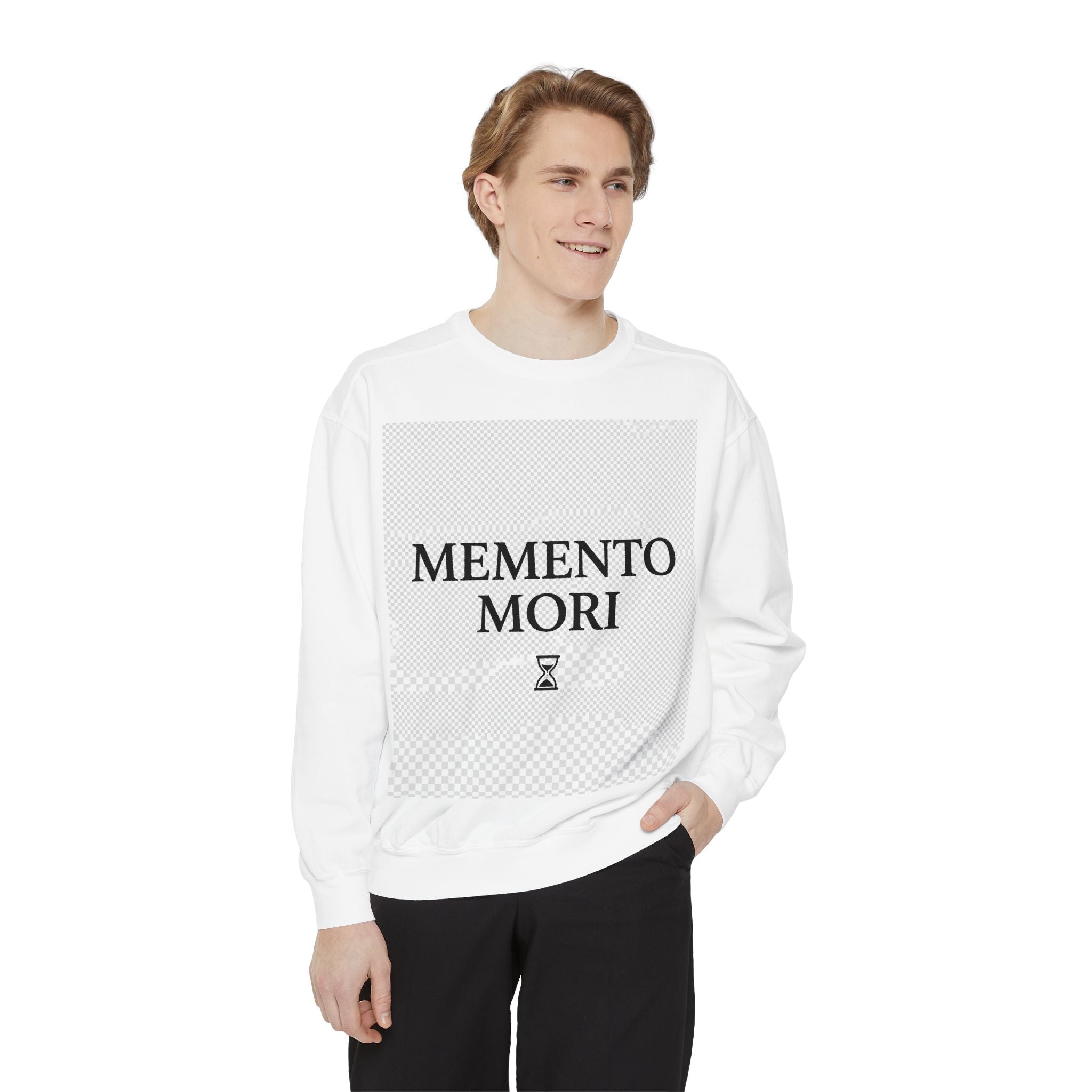 Memento Mori Sweatshirt — Minimalist Latin Reminder Sweatshirt with Hourglass
