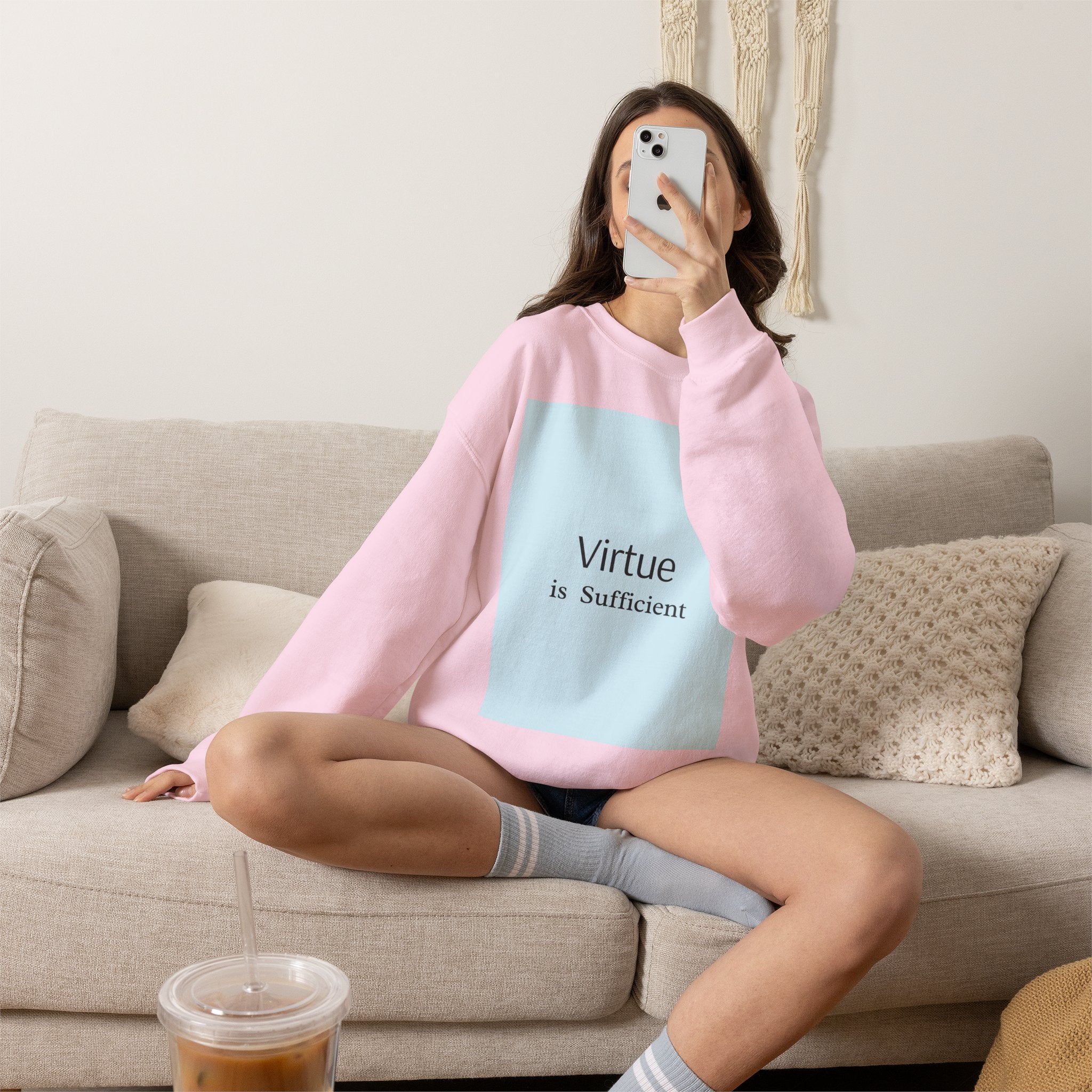 Crewneck Sweatshirt — "Virtue is Sufficient" Minimalist Inspirational Design