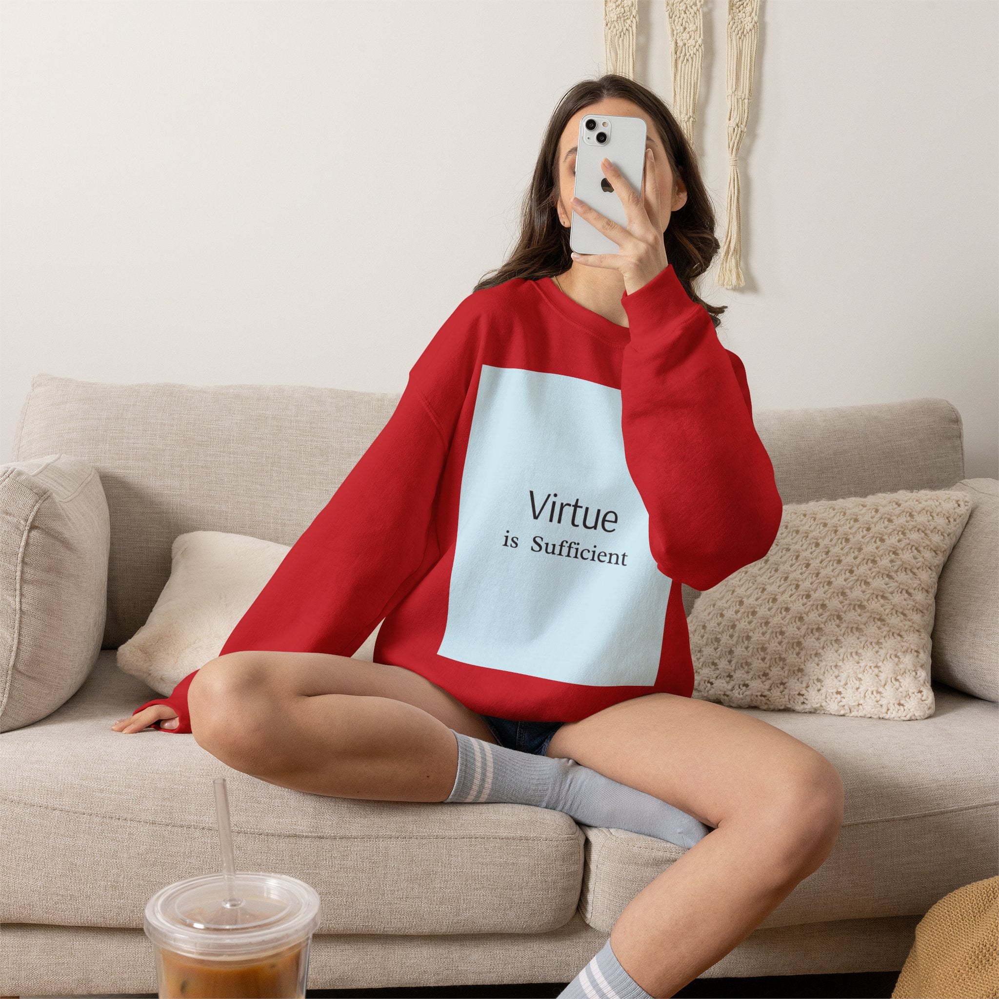 Crewneck Sweatshirt — "Virtue is Sufficient" Minimalist Inspirational Design